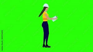 Cartoon character animation of women engineer worker looking in the project plan, green screen