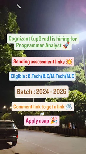 @career_updates_hub001 on Instagram: "🚨 Cognizant (upgrade) is hiring for Programmer Analyst Trainee 🚀 Sending assessment links 💥 Comment link to get a link 🖇️ . . . . . . . . . . . . . . . . . . . . . . . . . . . . . . . . . . . . . Disclaimer We share job & internship opportunities for educational and informational purposes only. We are not a hiring agency and do not charge any fees. Always verify details from the official source before applying. This video is created for educational purpo
