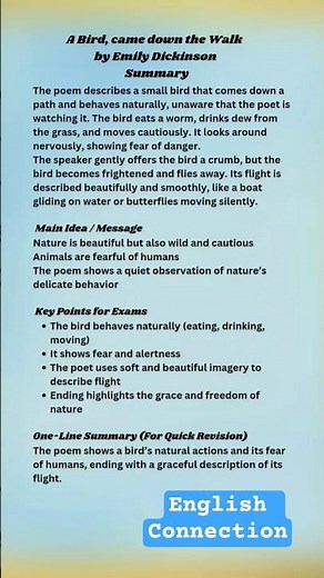 A Bird, came down the Walk by Emily Dickinson Summary + Themes & Poetic Devices in Sec #shortsfeed