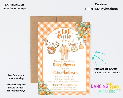 A Little Cutie in on the Way Baby Shower Invitation, Cutie Baby Shower Invitation, Gender Neutral Baby Shower, PRINTED 5X7 With Envelopes - Etsy
