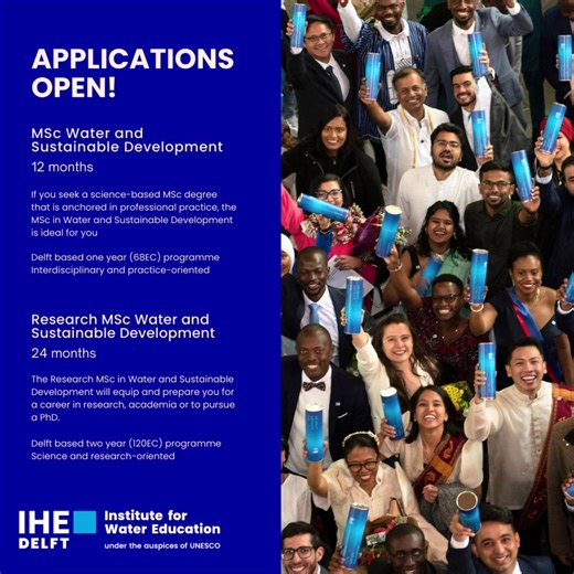 Applications are now open for our MSc programmes! 💧 The MSc programme in Water and Sustainable Development is a one-year program (68EC) that is both interdisciplinary and practice-oriented. 🔬The Research MSc in Water and Sustainable Development prepares students for a career in research, academia, or to pursue a PhD. It's a two-year program (120EC) with a strong focus on science and research. ⏰ Application deadline: 1 July 2024. Learn more about the programmes, their admission requirements, an