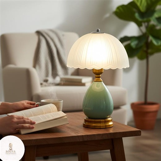 Retro Ceramic Bedside Table Lamp – Turquoise Vintage Side Table Light With Pleated Shade - Etsy UK