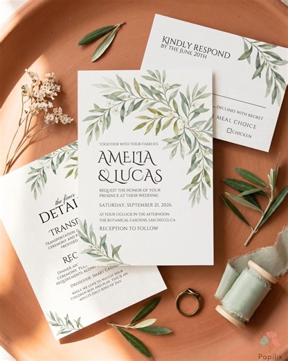 Olive Leaf Wedding Invitation Set, Minimalist Botanical Wedding Suite, Editable Greenery Invite Template, Wedding Details and RSVP Card - Etsy