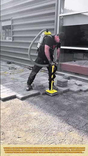 Construction Worker Compacting Paving Blocks Using Plate Compactor for Stable Surface Installation