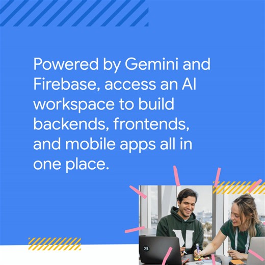 Founders, meet Firebase Studio: Your all-in-one workspace for ultimate productivity. 📈 Powered by Firebase and Gemini, it lets you seamlessly build backends, frontends, and mobile apps. Plus, Gemini in Firebase also helps you write, debug, and test code more efficiently — no technical background required. Get access now with the Google for Startups Gemini Kit and start building today: https://goo.gle/44j8zvT #BuildWithGemini | Google for Startups