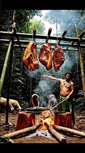 Primitive Cooking: Roasting a MASSIVE Meat Block in the Deep Jungle