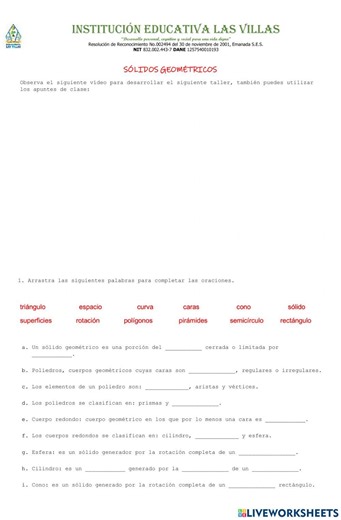 Sólidos geométricos, clasificación worksheet