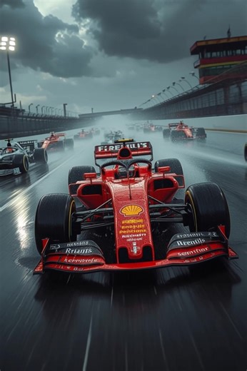 Prompt Handheld cinematic filming. A high-performance sports car races at extreme speed on a rain-soaked track, surrounded by other sports cars barely visible through motion blur. Heavy rain pours relentlessly, water droplets slam into the lens and streak across the glass. The camera violently shakes from speed and aerodynamic turbulence, with subtle micro-shakes adding realism, yet the car remains razor-sharp in focus at all times. The background is chaotic and heavily motion-blurred, emphasizi
