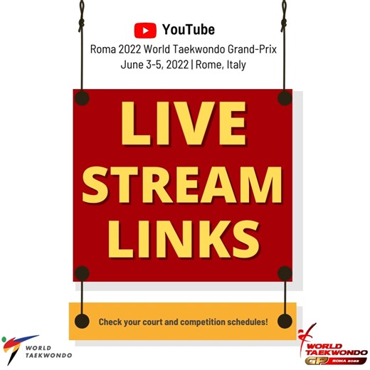 74 reactions · 3 comments | Roma 2022 World Taekwondo Grand-Prix will be streamed live! June 3-5, 2022 via YouTube! Check our YouTube Channel and click on the court according to categories and schedules per competition day! https://bit.ly/3PFOwj4 Stay tunned! Ci Vediamo! #WorldTaekwondo #Taekwondo #Roma2022 #GrandPrix FITA - Federazione Italiana Taekwondo | World Taekwondo | Facebook