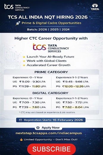 🚀 TCS NQT 2026 Hiring | ₹12 LPA Package 😱 Prime & Digital Roles | Apply Now!