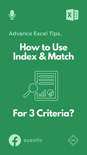 How to Use Index and Match Function when given criteria are 3 instead of 2? 🧑‍💻 In this tutorial reel we are going to learn how to use Index and Match Function when given criterial are 3 instead of 2? So, in such situation we need to use Match Function with Ampersand (&), watch whole reeel to see how. #excel #exceltips #dataentry #datamanagement #accounting #finance #exceltutorial #susinfo | SUS INFO