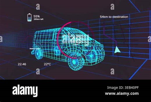Animation of speedometer and data processing over 3d van model against tunnel in seamless pattern. Automobile engineering and technology concept Stock Video Footage - Alamy