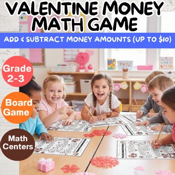 Valentine Math Board Game | Add & Subtract Money Up to $10 | Grade 2–3