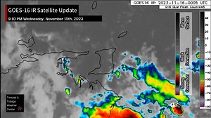 9:10 PM - As forecast, an area of light to moderate rain with isolated heavy showers and thunderstorms is now moving westward across eastern and central Trinidad, with locally heavy rainfall and gusty winds being reported. Lightning and thunder have also been observed across southern and central parts of Trinidad. What's the weather like in your area? https://ttweathercenter.com/2023/11/15/periods-of-rain-forecast-to-return-to-tt-through-end-of-week/ | Trinidad and Tobago Weather Center