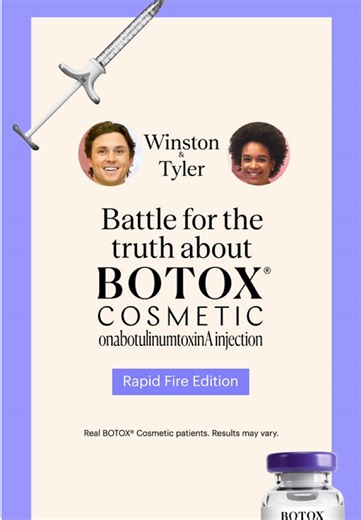 For Boxed Warning & Med Guide, see @botoxcosmeticpi. - Think you know the facts about BOTOX® Cosmetic? Tyler and Winston go head-to-head to test their knowledge. 👀 Head to the link in our bio to see the full YouTube video! - BOTOX® Cosmetic (onabotulinumtoxinA) is a prescription medicine that is injected into muscles and used to temporarily improve the look of moderate to severe forehead lines, crow's feet, and frown lines between the eyebrows in adults. - Talk to your doctor about BOTOX® Cosme