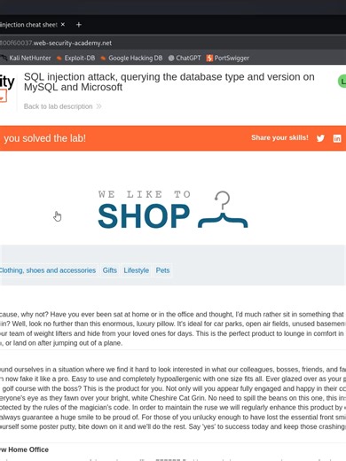 Lab4 - SQL injection attack, querying the database type and version on MySQL and Microsoft#Cybersecurity #الامن_السبراني #مواقع #اختراق_اخلاقي #portswigger