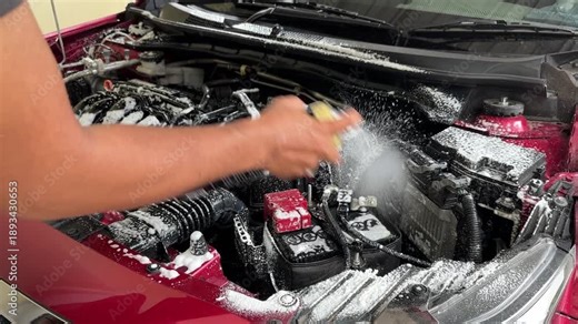 The process of cleaning the car engine compartment by spraying foam liquid into the dirty and dusty engine compartment.