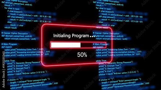 Teal decrypting files Progress Bar on a Background of Computer Code loading programming. 4k animation