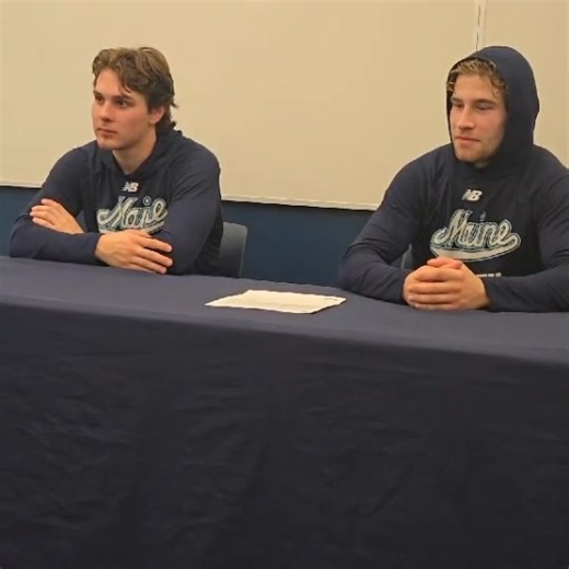 Postgame interviews- Maine men's hockey coach Ben Barr, with forwards Charlie Russell and Max Scott after the Black Bears swept Boston University with an 8-5 victory on Saturday, November 1st | Eastern Maine Sports