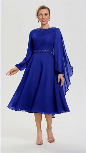 Robe Pour Mère De La Mariée Col Rond Manches Longues Mousseline Robe De Mère Du Marié