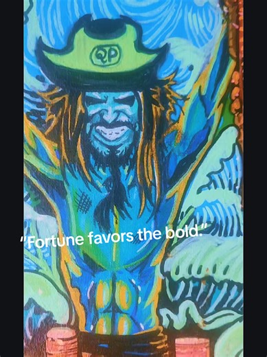 Between the Sun and the Sea, Fortune Is Taken — Not Given “Fortune favors the bold.” This painting represents the tension between risk and reward. The pirate stands as a symbol of those who choose uncertainty over comfort, chasing freedom even when the cost is danger. The sun represents vision and purpose, a constant force guiding ambition. The water reflects chaos, movement, and the unknown path. Money and gold symbolize temptation and reward, but also the weight of what is gained through strug