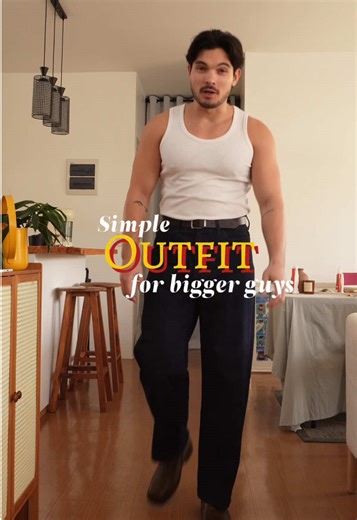 Here’s a simple outfit for my bigger guys out there! I love making outfits with clothes that fit me, not the other way around. 😌 If you found this helpful give me a 🙌🏻 #mensfashion #bigguyfashion #simpleoutfits #highwaistedpants #tanktop #simplelayering