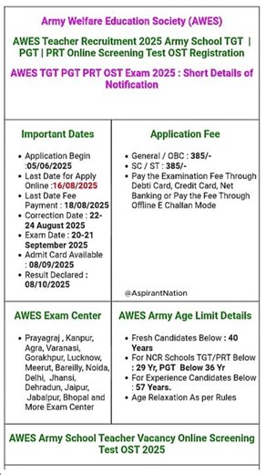 Army School AWES TGT, PGT, PRT Online Form 2025