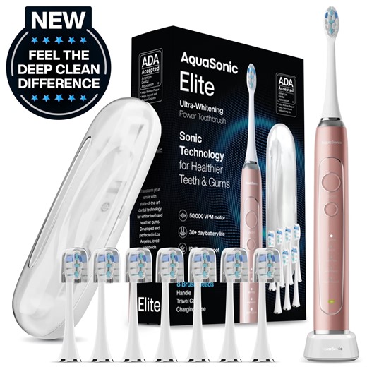 AquaSonic Elite Rechargeable Electric Toothbrush Set - ADA Accepted, 5 Modes, Travel Case, 8 Brush Heads (Rose Gold)