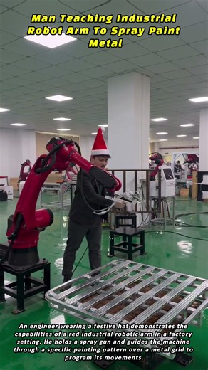 Man Teaching Industrial Robot Arm To Spray Paint Metal