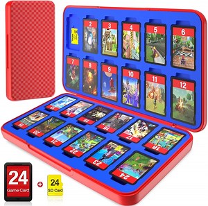 Switch Game Case with 24 Game Holder Compatible for switch 2(2025) &Switch OLED Game Card Compact Switch Cartridge Case-Plaid Red Blue