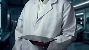 Close up of smart doctor holding tablet while pointing pen with human anatomy hologram. Medical worker using technology to examine HUD dashboard whole body and diagnosis symptom. Technology. Remedial.