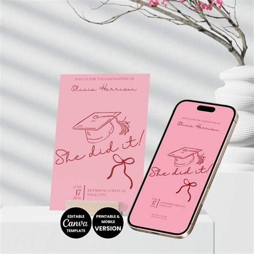 Editable Graduation Party Invitation Minimal Hand Drawn Graduation Announcement Canva Template She Did It Invitation Grad Party Invite Diy - Etsy