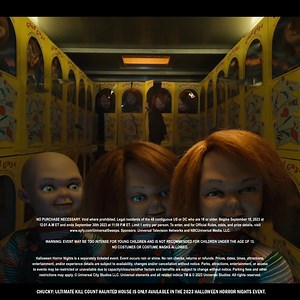 Wanna SCREAM? Enter for a chance to win a trip to your choice of Universal Studios Hollywood or Universal Orlando Resort to experience Chucky: Ultimate Kill Count haunted house at Halloween Horror Nights! Enter now at www.syfy.com/UniversalSweeps. Watch new episodes starting Oct 4 on USA Network and SYFY, next day on Peacock TV! | Chucky