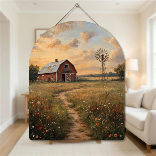 Rustic Farm Landscape Metal Wall Art, Barn and Windmill Decor, Country Meadow Wall Sign, Farmhouse Wall Decor