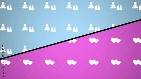 Animated motion background split screen for wedding and marriage theme using moving white icons on colorful video backdrop. Great for wedding planner or event vendor message.