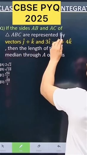 Shivang Gupta on Instagram: "case pyq 2025 vector algebra Q) If the sides 𝐴𝐵 and 𝐴𝐶 of △𝐴𝐵𝐶 are represented by vectors 𝑗 ˆ+𝑘 ˆ and 3𝑖 ˆ−𝑗 ˆ+4𝑘 ˆ , then the length of the median through 𝐴 on BC#vectoralgebra #vectors #cbse2026 vector algebra class 12 vector algebra class 11 physics vectors maths class 12 introduction of vector algebra vector algebra explanation vector algebra class 11 maths what is vector in mathematics vector in engineering mathematics vector algebra class 12 physic