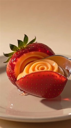 딸기 속에 망고 무스가? 🍓🥭 반짝이는 딸기를 한 입 떠내면 나타나는 달콤한 반전!소리를 켜고 바삭한 껍질과 부드러운 무스의 ASMR을 즐겨보세요 🎧