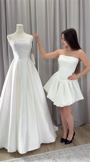 WEDDING DRESSES 💎 on Instagram: "Mini or long? Bold freedom or classic romance — every bride chooses her own story🤭 A mini wedding dress is made for dancing until morning, effortless movement, and a modern vibe. It’s about confidence, personality, and that “I can do anything” moment🥰 A long wedding dress is about magic, celebration, and timeless elegance. It flows beautifully with every step, creating that fairytale look you’ll want to remember forever🤍 #wedding #bride #weddingdress #wedding