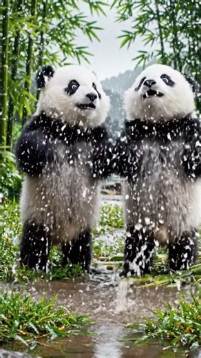 “Cute Panda Cubs Playing in Rain 🌧️🐼 4K”. #PandaCubs #CutePandas #RainyNature