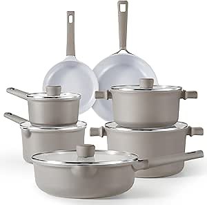 CAROTE Ceramic Cookware Set 12 Piece, Healthy & PFOA/PFAS Free, Nonstick Pots and Pans Set, Induction-Compatible, Taupe