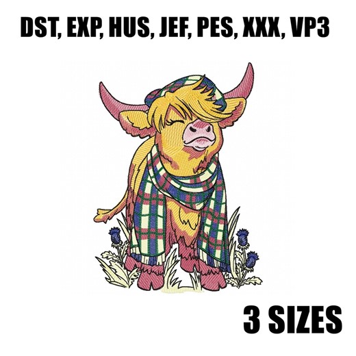 Highland Cow Embroidery Design | Cute Cow With Scarf | Machine Embroidery File | Farm Animal Design | 3 Sizes - Etsy