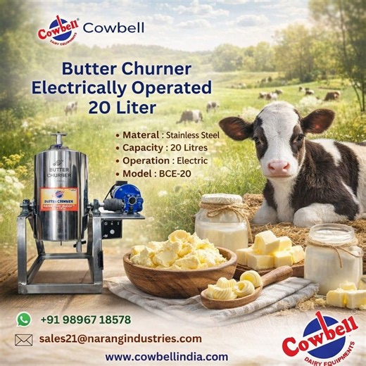 Cowbell Electric Butter Churners are designed to automate the butter-making process, making it more convenient and efficient compared to manual methods. Its Electrically Operated having Barrel capacity of 20 Ltr. manufactured using Food Grade Stainless Steel with precise agitation. Its perfect device to produce high quality butter. #cowbell #butterchurner #manufacture #export #dairyfree | Cowbell Dairy Equipments
