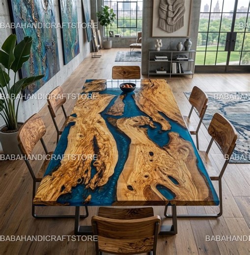 Luxury Blue Epoxy Resin Dining Table | Live Edge Solid Wood River Table | Handmade Modern Kitchen & Dining Room Furniture Dining Table Top | - Etsy