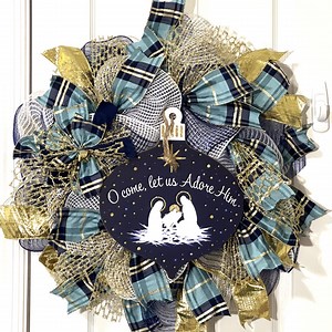 Deco Mesh Christmas Wreath, Oh Let Us Adore Him Wreath, Nativity Scene, Blue Christmas Wreath - Etsy