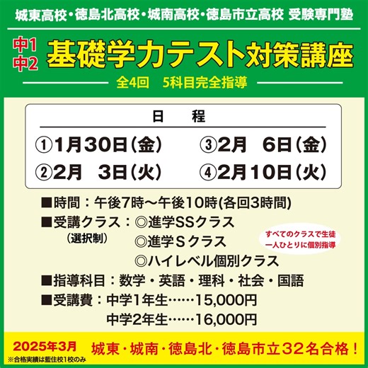 徳島県 城東高校・徳島北高校・城南高校 ・徳島市立高校 国公立大学 受験專門塾 碩学ゼミナールです。 中1・中2 基礎学力テスト対策講座（全4回） 県下統一で実施される「基礎学力テスト」は、 学校ごとの定期テストとは異なり、出題傾向が明確である一方、自己流の勉強では得点しにくいテストです。 このテストで結果を出すために必要なのは、努力量ではなく、 傾向を正確に分析し、最短で正解にたどり着く解法を身につけることです。 碩学ゼミナールでは、長年にわたり徳島県の入試・学力テストを分析し、 高校入試・大学入試ともに県下トップクラスの合格実績を積み重ねてきました。 本講座では、その指導ノウハウを基礎学力テスト対策に特化させ、 過去の出題傾向を徹底的に分析したうえで、 「この形式は、こう考え、こう解けば点になる」 ――最高の解法を、体系的に指導します。 ________________________________________ ■ 日程（全4回） 1月30日（金） 2月3日（火） 2月6日（金） 2月10日（火） 時間：午後7時～10時（各回3時間） ____________________