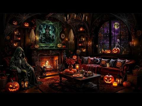 Haunted House Halloween Ambience | Rainy Autumn Night With Spooky Halloween Jazz & Fireplace Sounds
