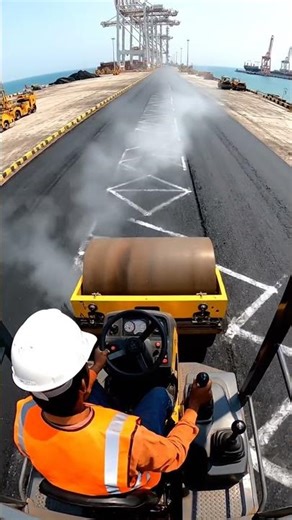 Satisfying Road Paving: Heavy Machinery Compacting Asphalt! 🚧