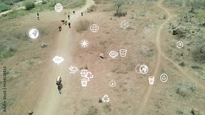 Environment protection concept. Renewable energy. Sustainable development goals. Drone fly in the landscape of Kenya savanna.