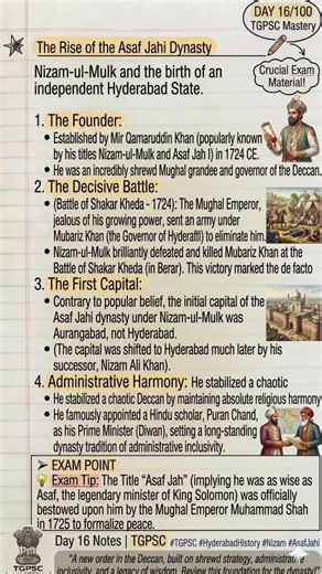 Day 16/100: The Rise of the Asaf Jahi Dynasty | TGPSC One-Page Notes
