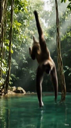 monkey climbing trees and suddenly slipping and falling into water
